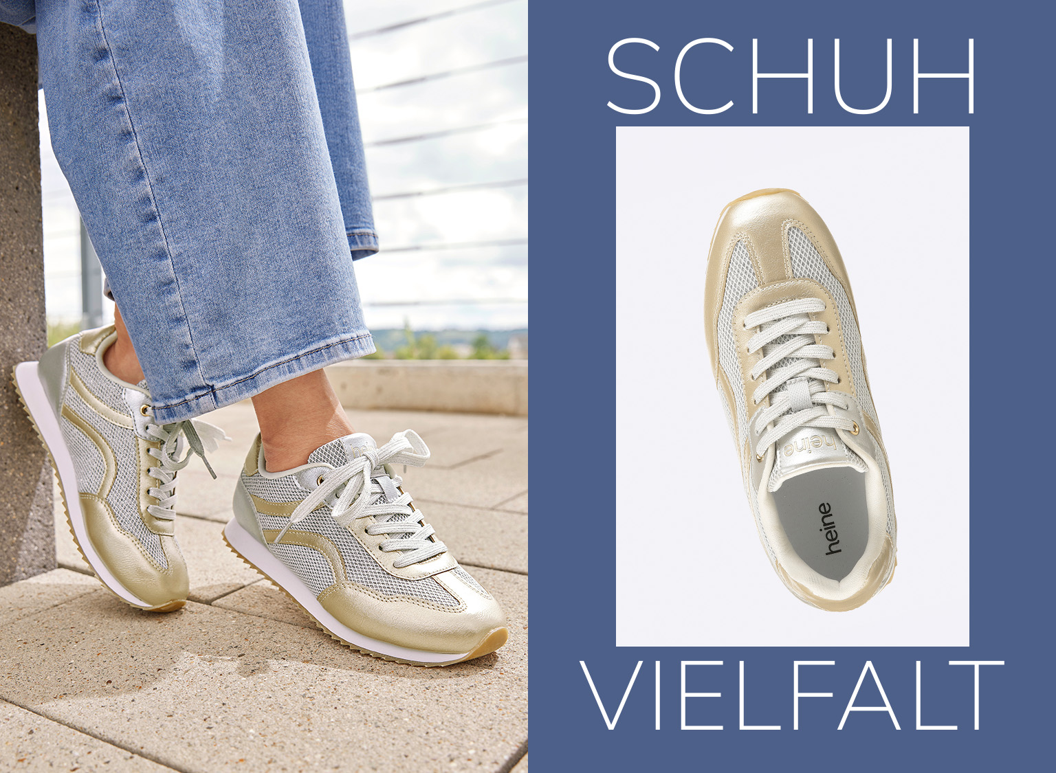 Schuhe in Gold- und Silbertönen mit weißen Schnürsenkeln, getragen zu blauen Jeans.