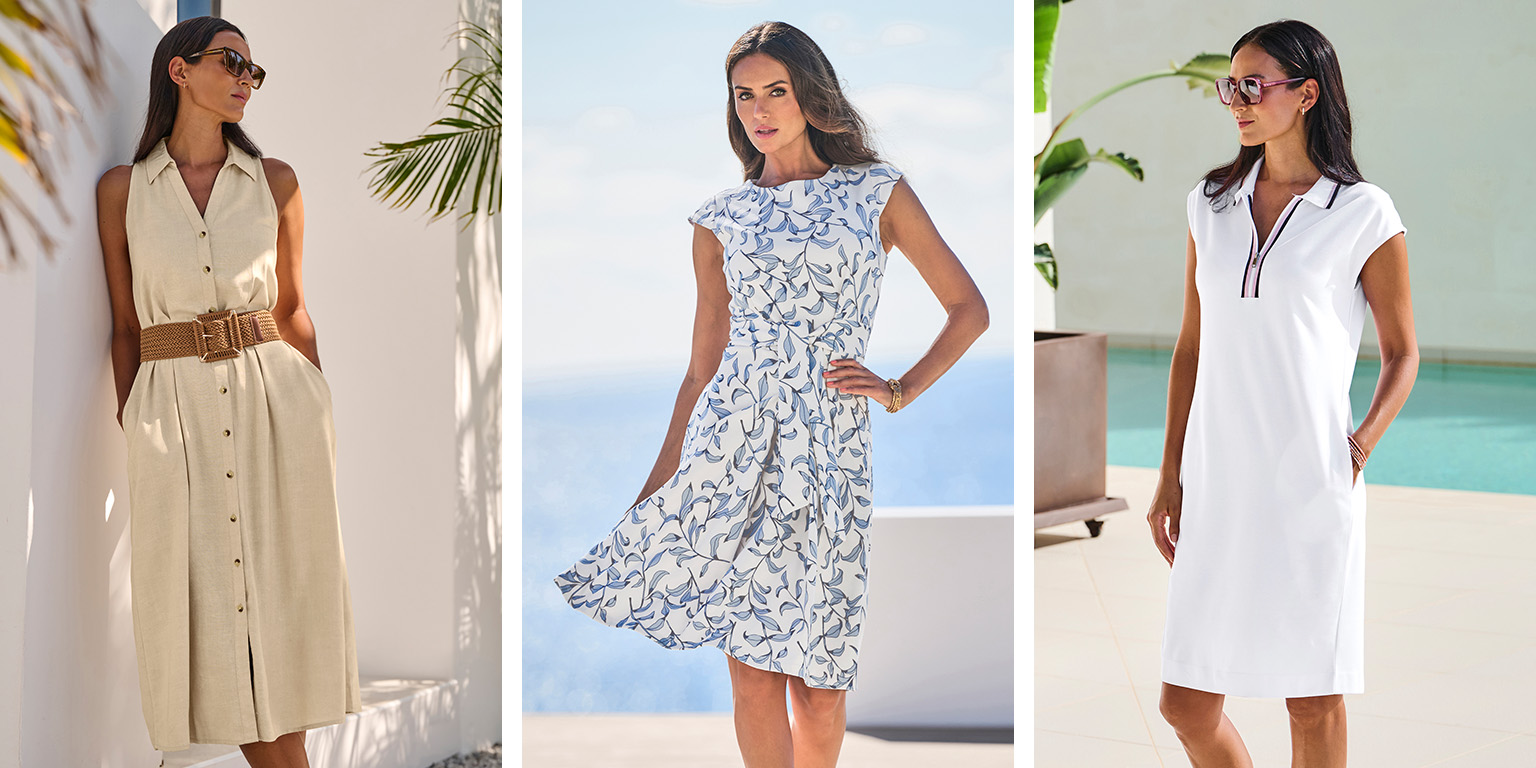 Drei Models tragen sommerliche Kleider: ein beiges Hemdblusenkleid mit Gürtel, ein weißes Kleid mit blauem Muster und ein schlichtes weißes Kleid mit Kragen.