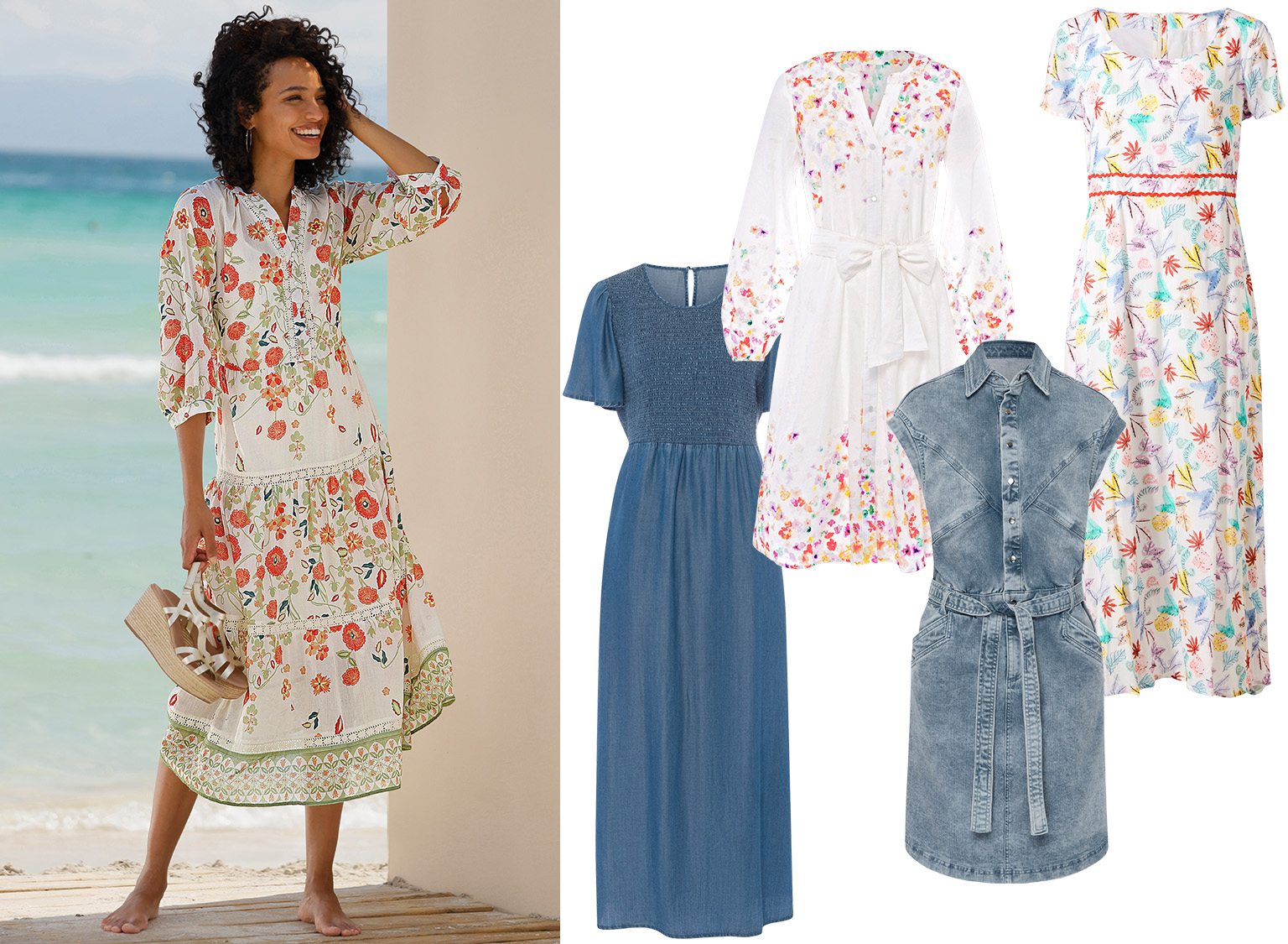 Ein Model trägt ein langes, geblümtes Kleid am Strand. Daneben sind vier weitere Kleider abgebildet: ein blaues Maxikleid, ein weißes Kleid mit Blumenmuster, ein ärmelloses Jeanskleid und ein buntes Kleid mit floralem Muster. 