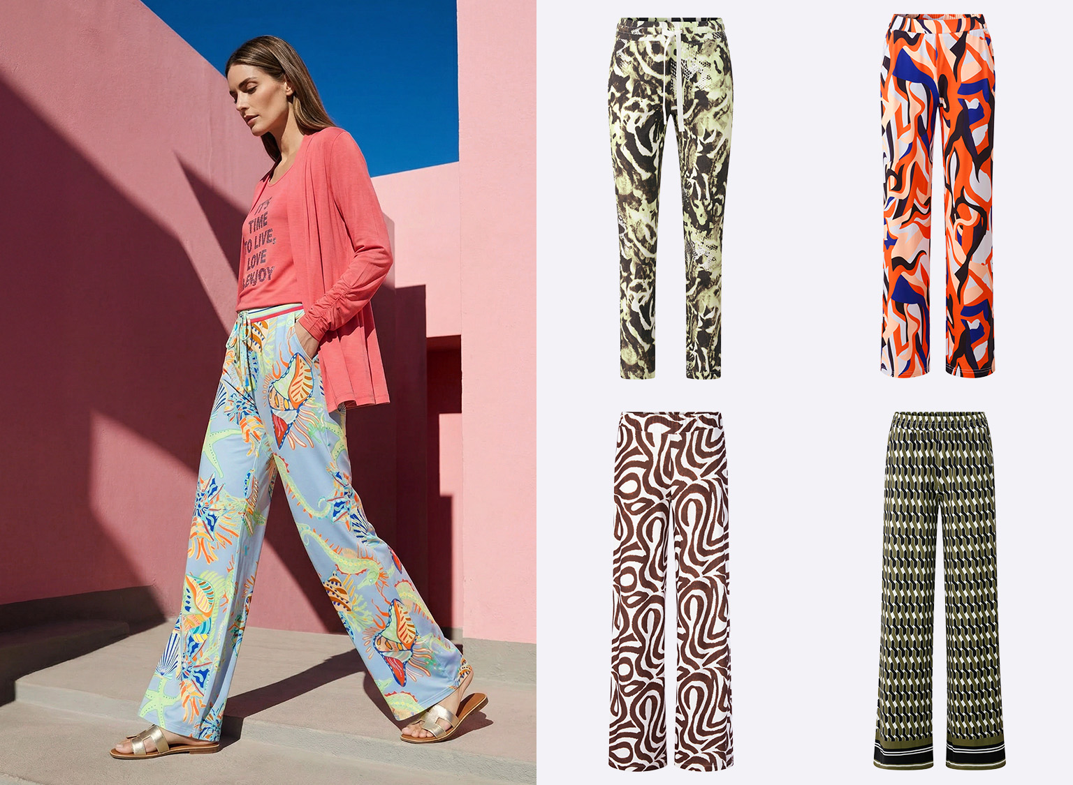 Ein Model trägt helle, weit geschnittene Hosen mit buntem Muster, kombiniert mit einem roten Oberteil und einer roten Strickjacke. Rechts sind vier weitere gemusterte Hosen in verschiedenen Farben und Mustern zu sehen.