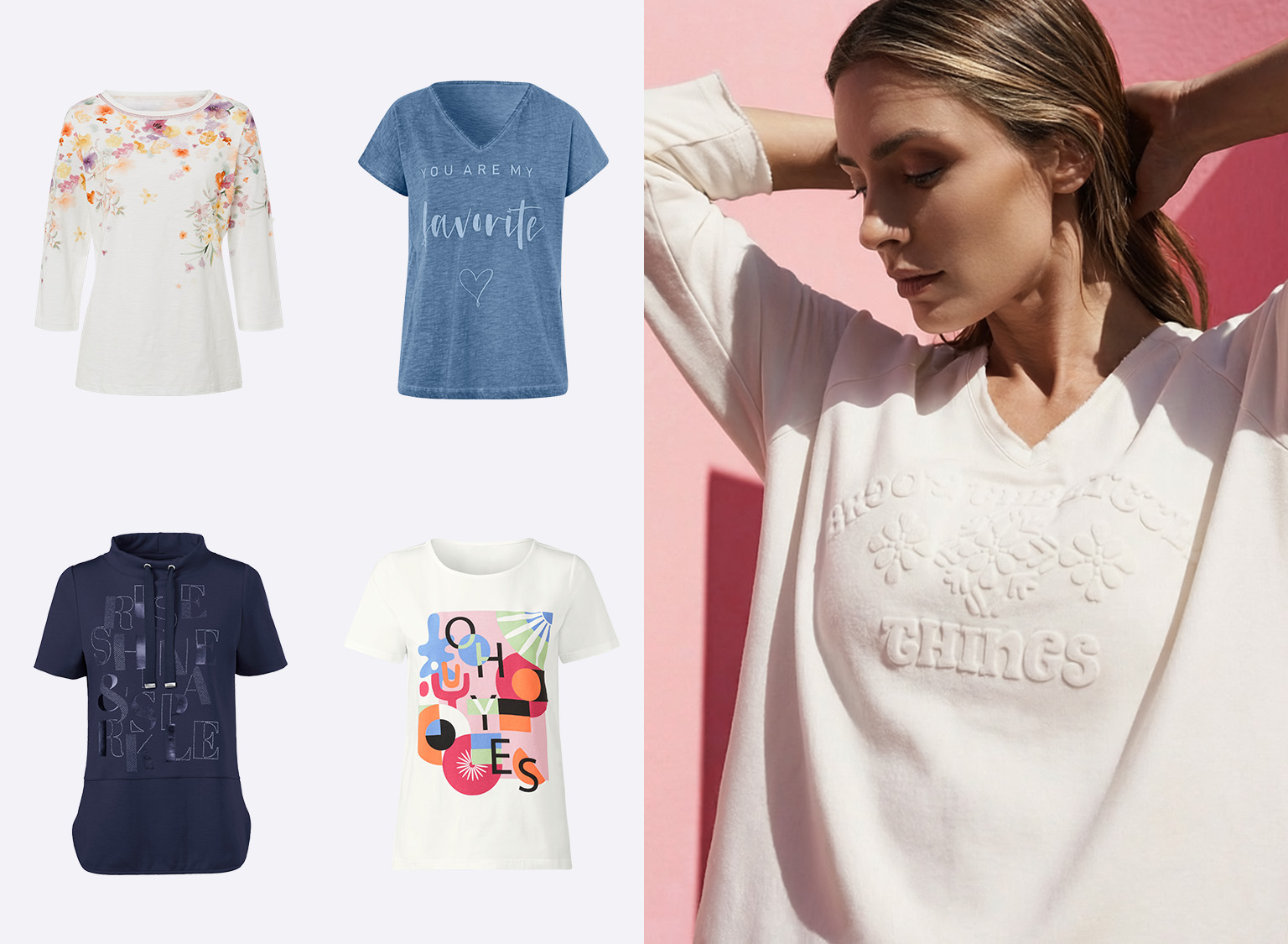 Vier verschiedene Damenoberteile sind zu sehen: ein langärmeliges weißes Shirt mit Blumenmuster, ein blaues T-Shirt mit Schriftzug, ein dunkelblaues Shirt mit Kapuze und Schrift, sowie ein weißes T-Shirt mit buntem Grafikdruck. Rechts trägt ein Model ein helles Shirt mit V-Ausschnitt und erhabener Blumen- und Schriftprägung.
