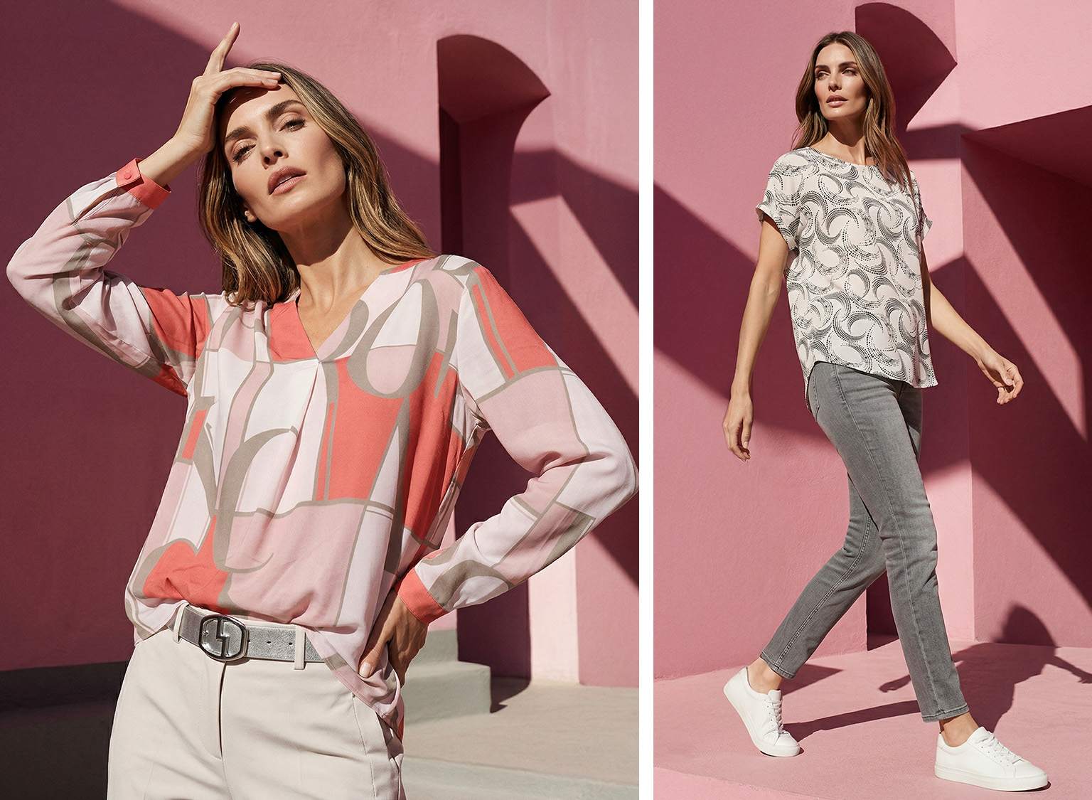 Ein Model trägt zwei verschiedene Outfits vor einer pinkfarbenen Wand mit Schatten. Links ein langärmeliges, gemustertes Shirt in Rosa- und Beigetönen, rechts ein kurzärmeliges, weiß-graues Shirt mit grauen Jeans und weißen Sneakern.