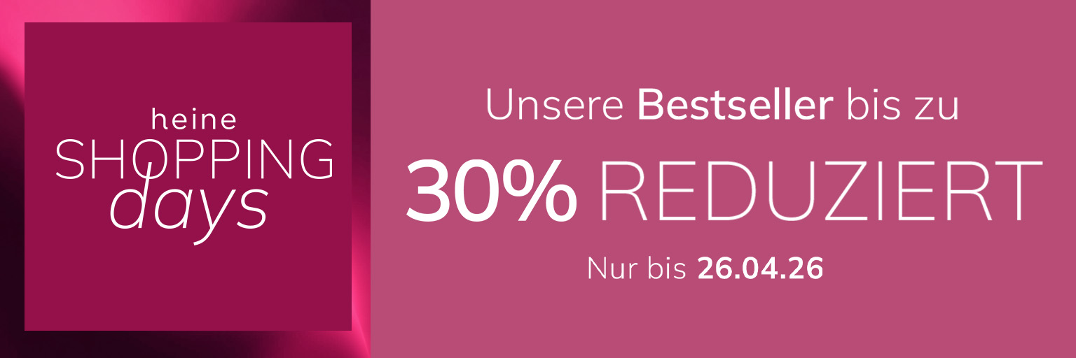 Eine Werbeanzeige, Hintergrundfarbe: rechts dunkles Altrosa, links ein dunkleres Quadrat mit Farbverlauf. Mit dem Text: heine SHOPPING days Unsere Bestseller bis zu 30 % REDUZIERT Nur bis 26.04.26 Der Hintergrund ist rechts einfarbig in dunklem Altrosa, links ein Quadrat mit dunklem Farbverlauf und Lichteffekt.