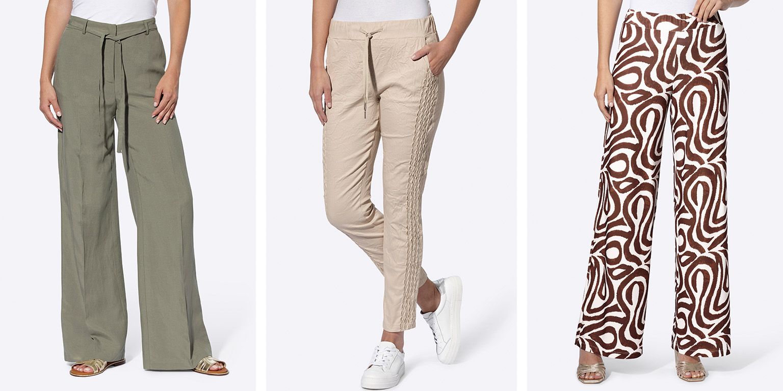 Drei Damenhosen: links eine weite olivgrüne Hose mit Bindegürtel, Mitte eine beige Hose mit seitlichem Zopfmuster und Reißverschluss, rechts eine weite Hose mit braun-weißem abstraktem Muster. 