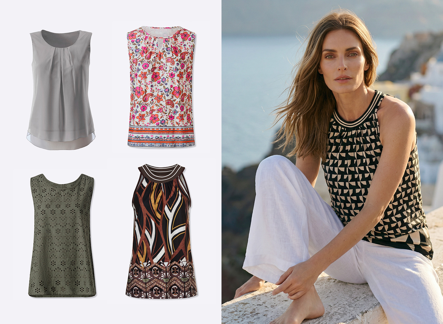 Vier ärmellose Damenoberteile mit verschiedenen Mustern und Farben links, rechts ein Model mit schwarzem gemustertem Top und weißen Hosen am Wasser sitzend. 
