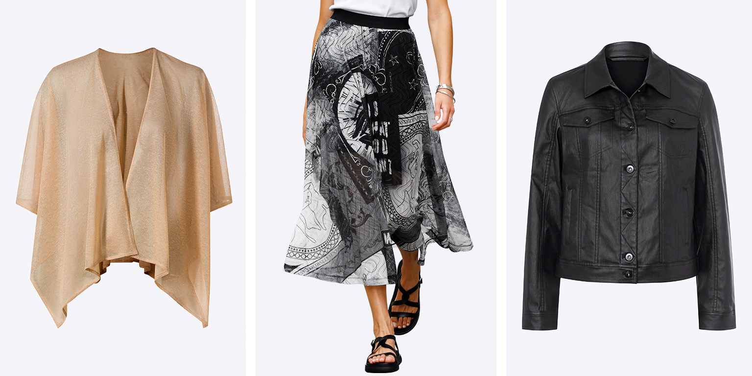 Drei Damenoberteile: links ein beiges, offenes Cape, Mitte ein schwarzer und weißer gemusterter Midirock, rechts eine schwarze Lederjacke.