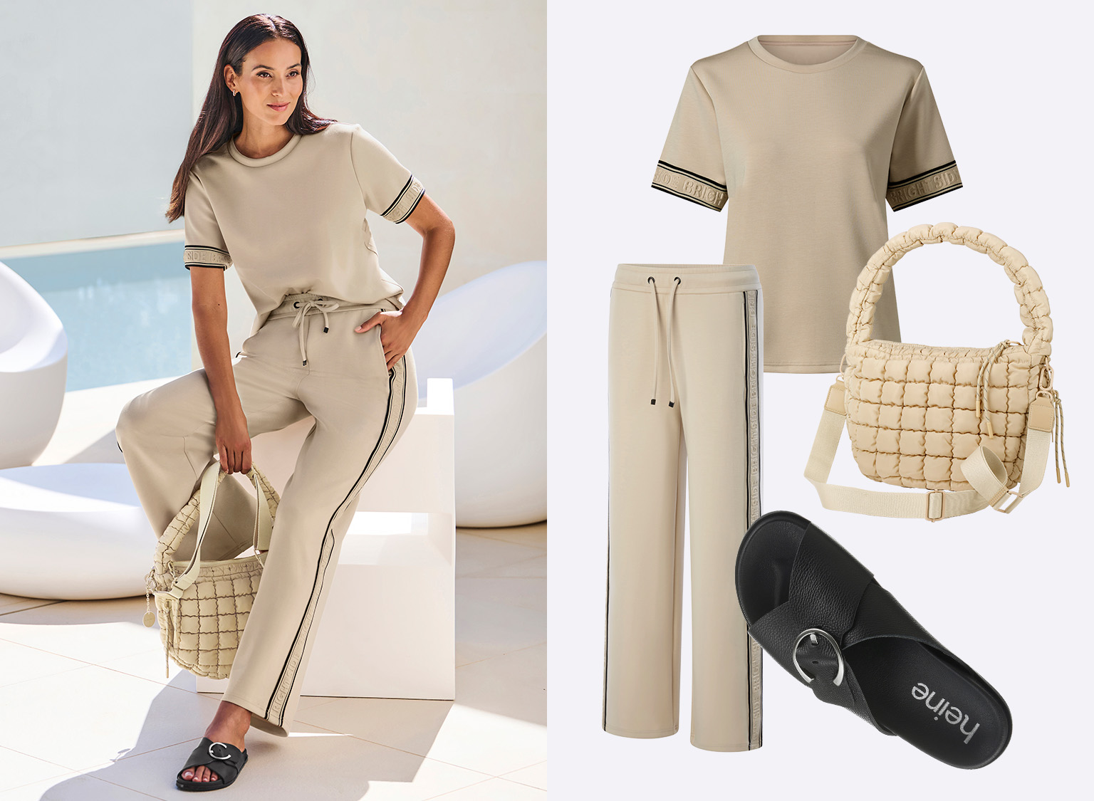  Ein Model trägt ein beiges Freizeitoutfit mit kurzem T-Shirt und Hose mit seitlichem Streifen, dazu eine gesteppte Tasche und schwarze Sandalen.