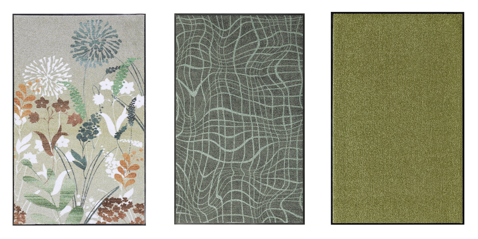 Drei Teppiche: links mit Blumenmuster in Naturtönen, mittig mit abstraktem Linienmuster in Grün, rechts einfarbig grün. 