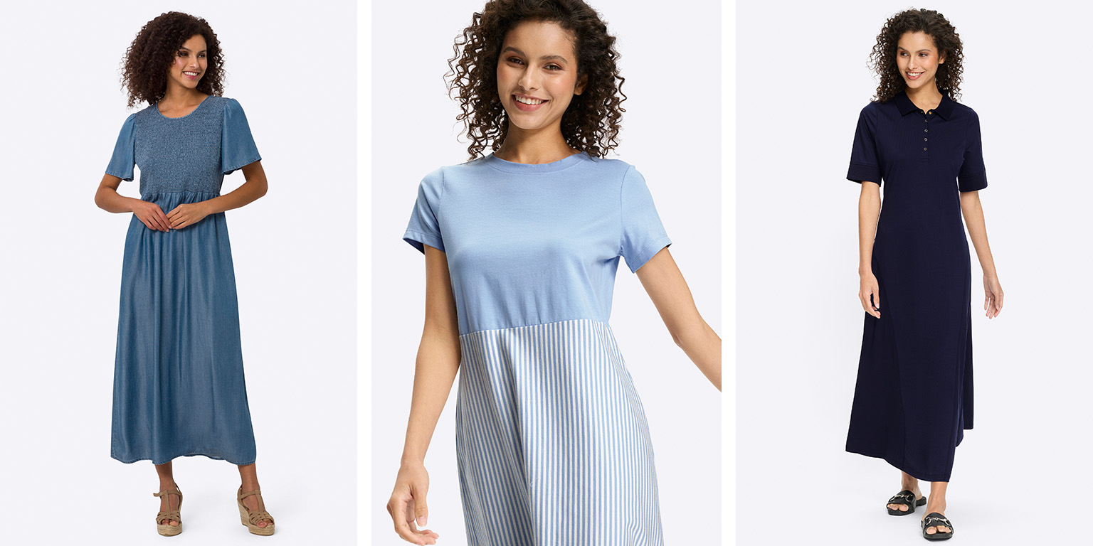 Drei Models tragen lange Kleider: links ein blaues Kurzarmkleid, mittig ein hellblaues Kleid mit gestreiftem Rockteil, rechts ein dunkelblaues Polokleid. 