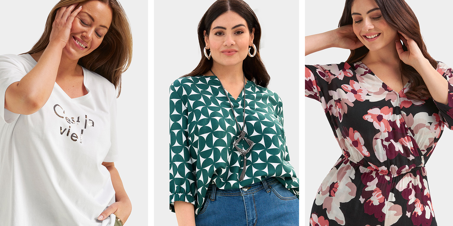 Drei Models: links mit weißem Shirt und Schriftzug 'C'est la vie!', mittig mit grüner gemusterter Bluse, rechts mit geblümtem Wickelkleid.