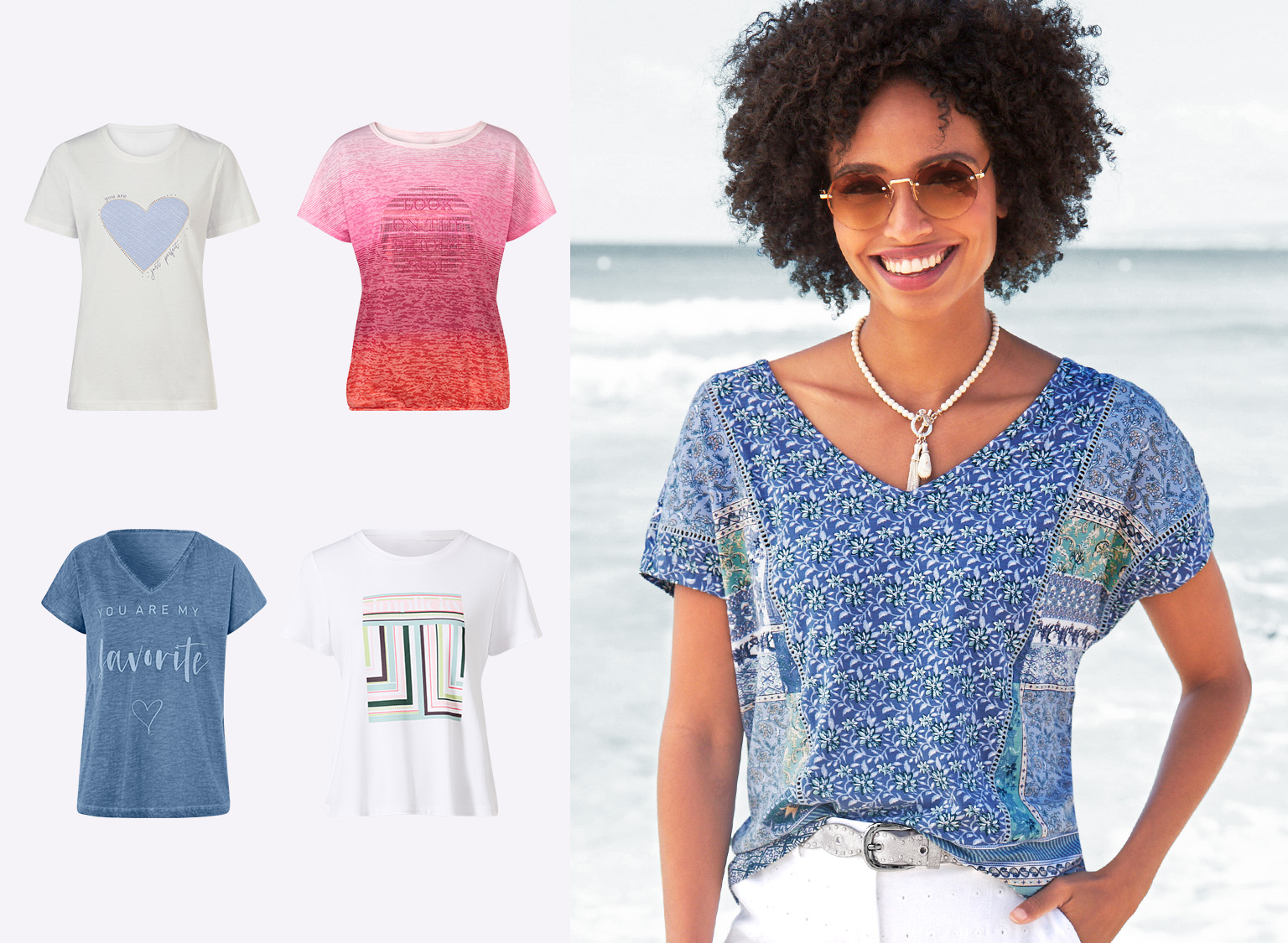 Fünf verschiedene T-Shirts, darunter mit Herz, Farbverlauf, Schriftzug und geometrischem Muster, sowie ein Model mit blau gemustertem Shirt am Strand.