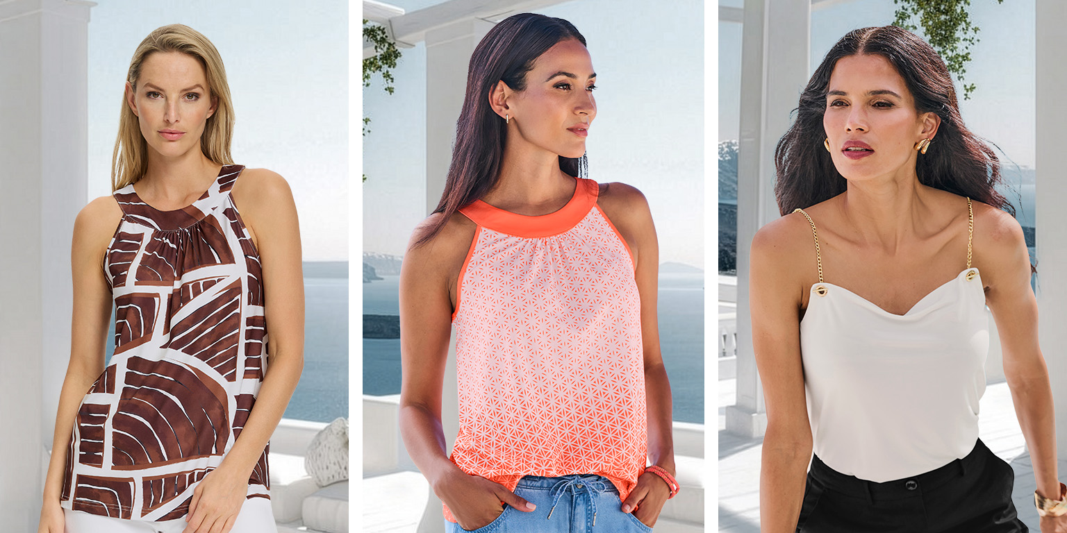 Drei Models tragen drei verschiedene ärmellose Oberteile: links braun-weiß gemustert, Mitte orange-weiß mit Muster, rechts weiß mit dünnen goldenen Trägern.