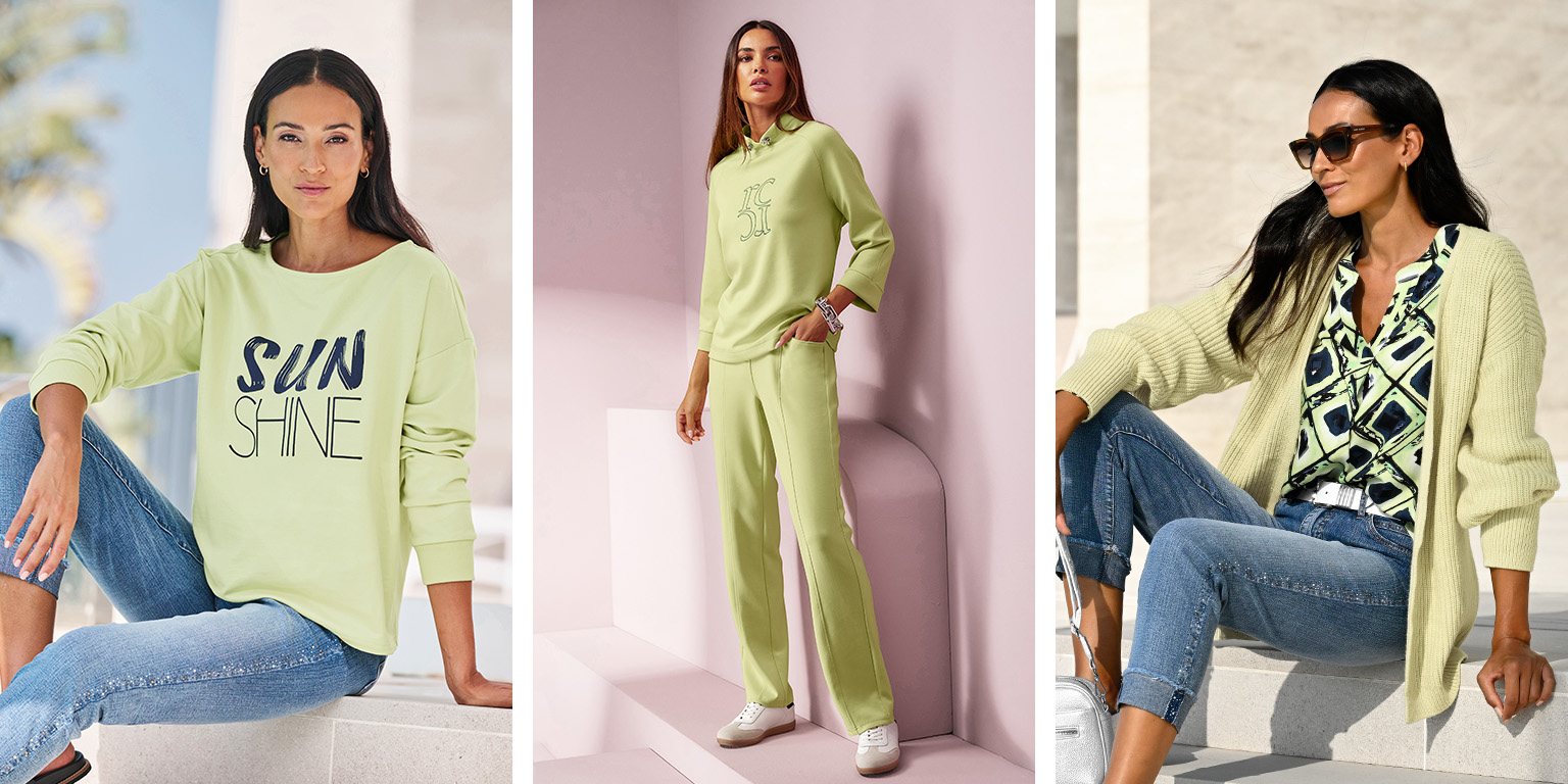 Ein Model trägt drei verschiedene Outfits mit hellgrünen Oberteilen: links Sweatshirt mit 'SUNSHINE'-Schriftzug, Mitte passender Trainingsanzug, rechts Strickjacke über gemustertem Hemd