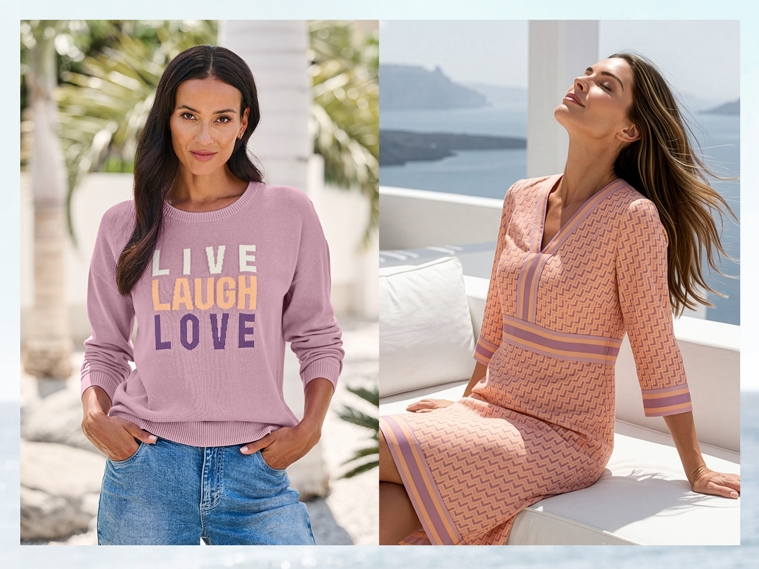 Ein Model trägt links einen helllila Pullover mit 'LIVE LAUGH LOVE'-Schriftzug und blauen Jeans, rechts ein helloranges gestricktes Kleid mit V-Ausschnitt und 3/4-Ärmeln.