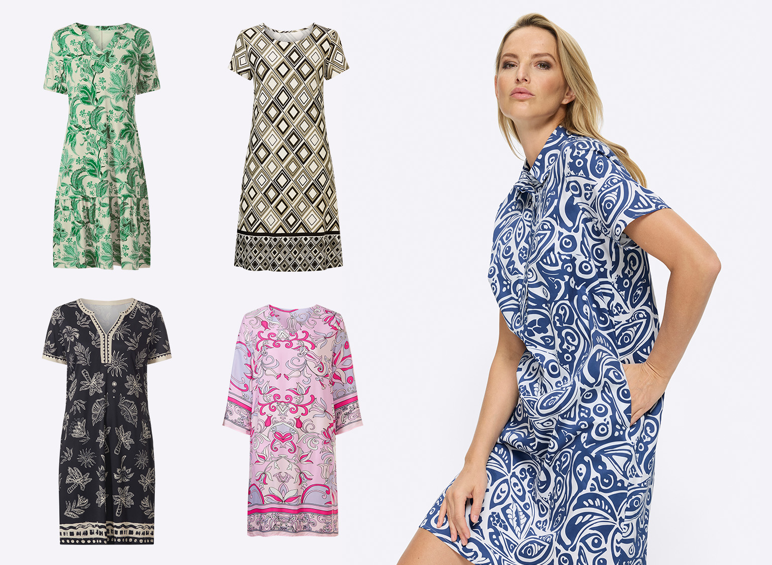 Vier Kleider mit verschiedenen Mustern: grün-weiß floral, beige-schwarz geometrisch, schwarz mit hellen Motiven, rosa mit Ornamenten; rechts ein Model trägt blau-weiß gemustertes Kleid.