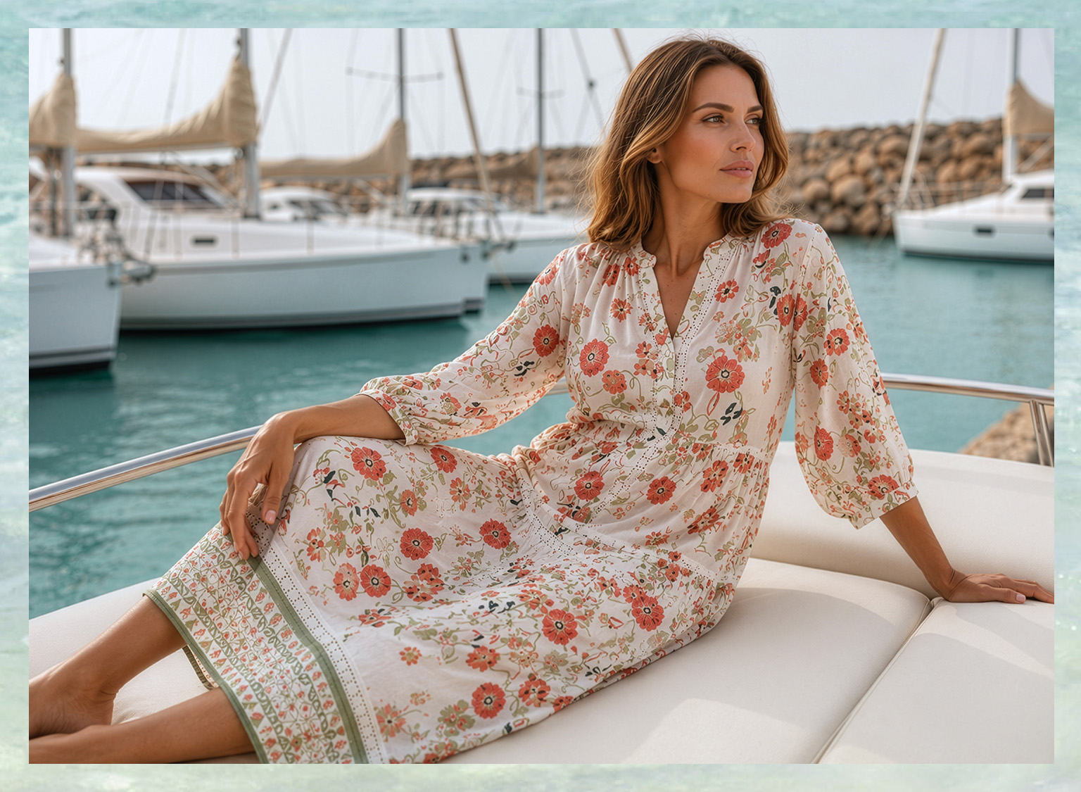 Ein Model sitzt entspannt auf einem Boot, trägt ein weißes, langärmeliges Kleid mit buntem Blumenmuster, im Hintergrund Wasser und Segelboote. 