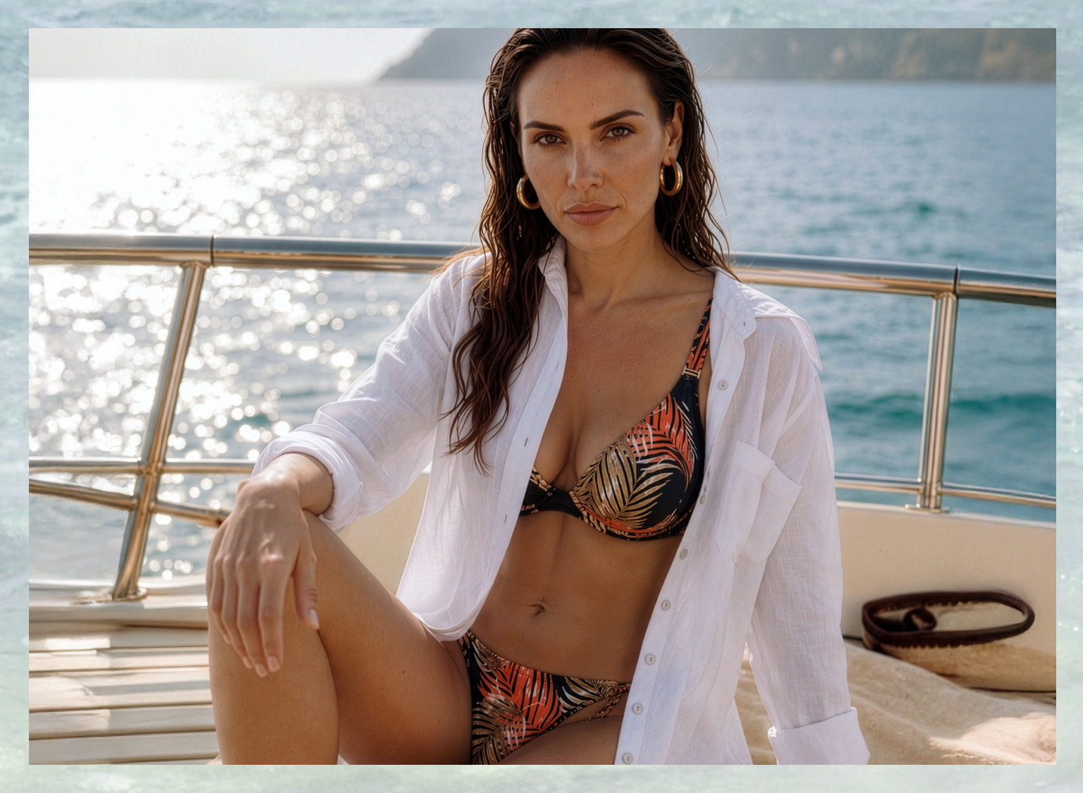 Ein Model sitzt auf einem Boot, trägt einen Bikini mit orange-schwarzem Blattmuster und ein weißes, offenes Hemd, im Hintergrund Meer und Sonne.