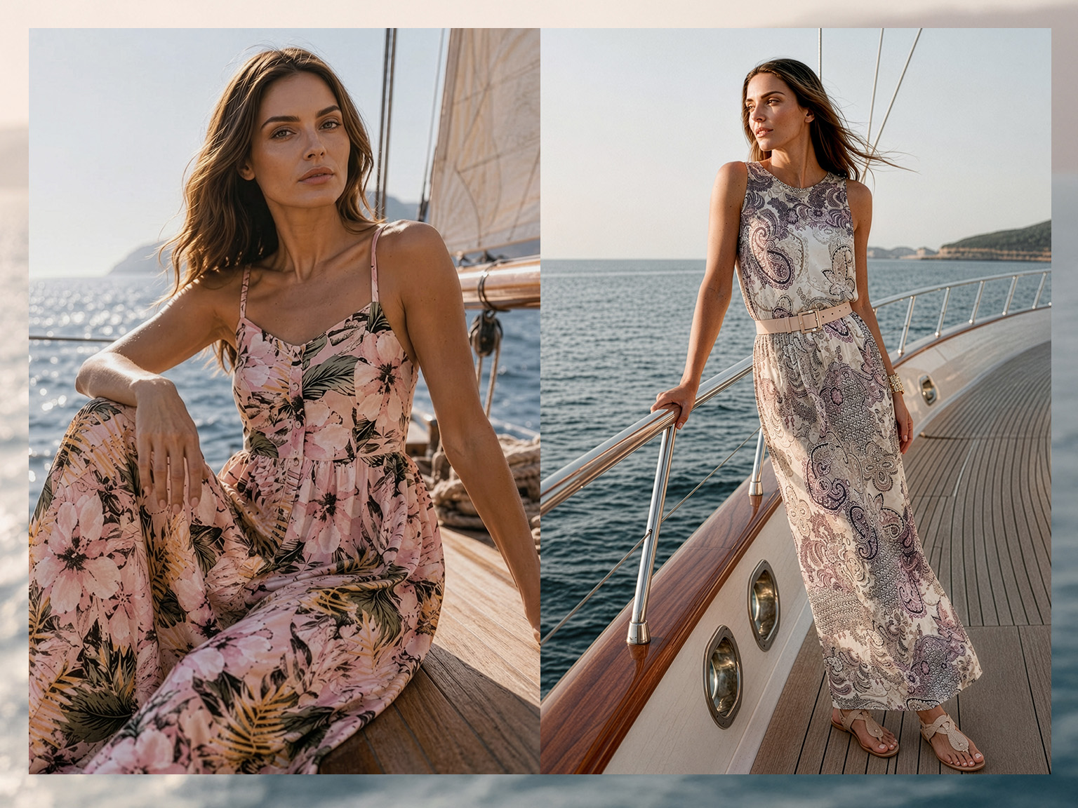 Zwei Bilder zeigen ein Model auf einem Segelboot, einmal in einem rosa geblümten Kleid mit Spaghettiträgern, einmal in einem langen, ärmellosen Kleid mit Paisley-Muster. 
