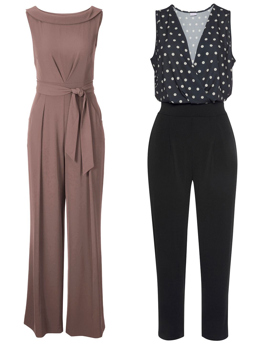  Zwei ärmellose Damen-Overalls, links in Braun mit Bindegürtel, rechts schwarz mit gepunktetem Oberteil.