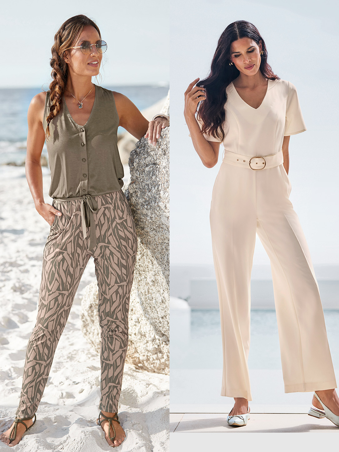Zwei Models tragen Sommer-Overalls, links ärmellos mit Knöpfen und gemusterten Hosen, rechts kurzärmelig in Creme mit Gürtel. 