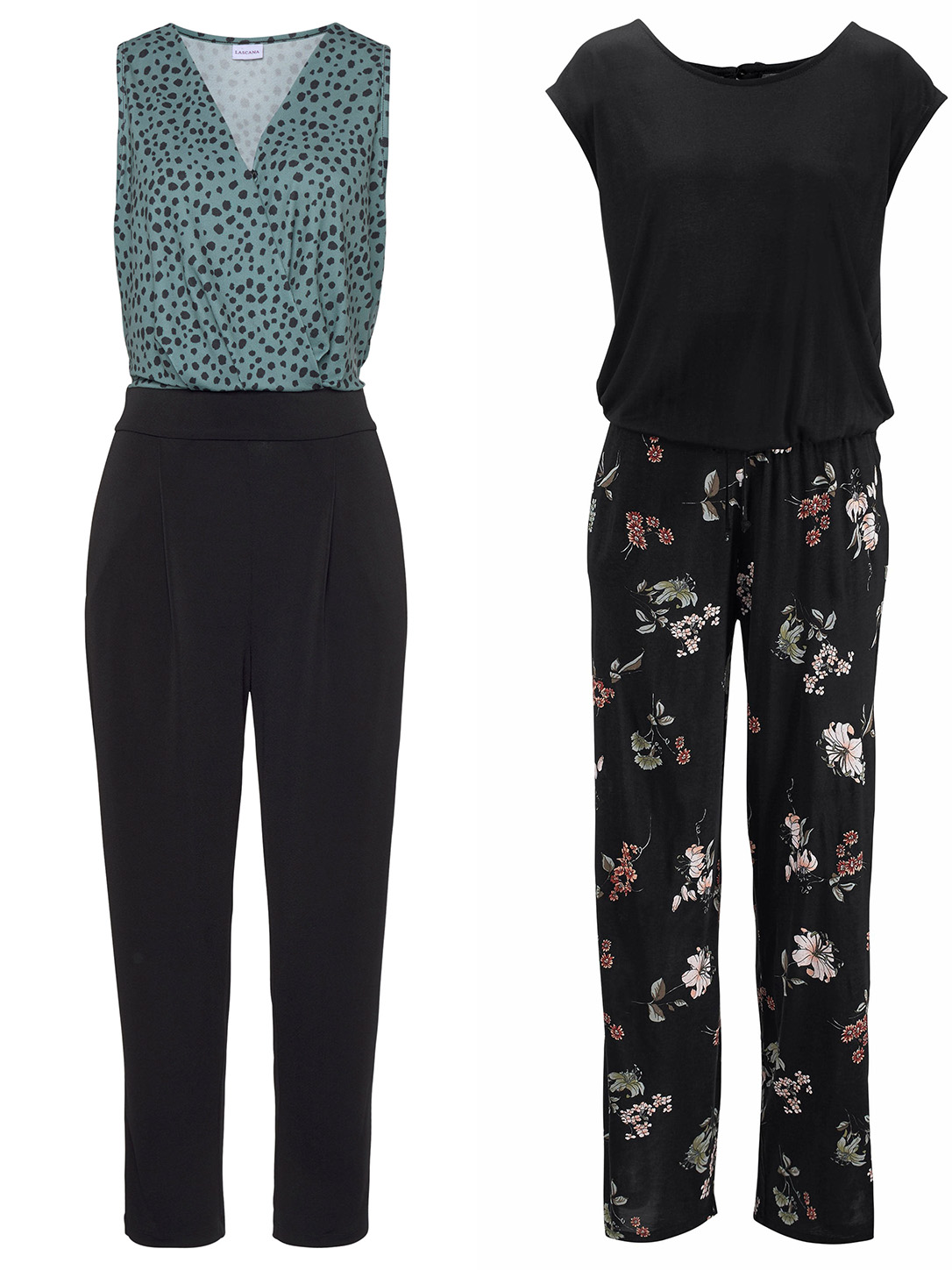 Zwei ärmellose Damen-Overalls, links mit grün gepunktetem Oberteil und schwarzen Hosen, rechts schwarz mit floral gemusterten Hosen.