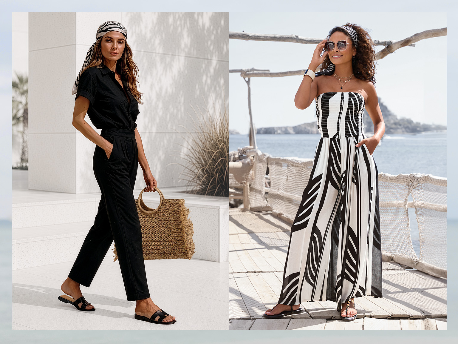 Zwei Models tragen Sommer-Overalls, links schwarz mit kurzen Ärmeln und Gürtel, rechts schwarz-weiß gestreift, trägerlos und weit geschnitten.