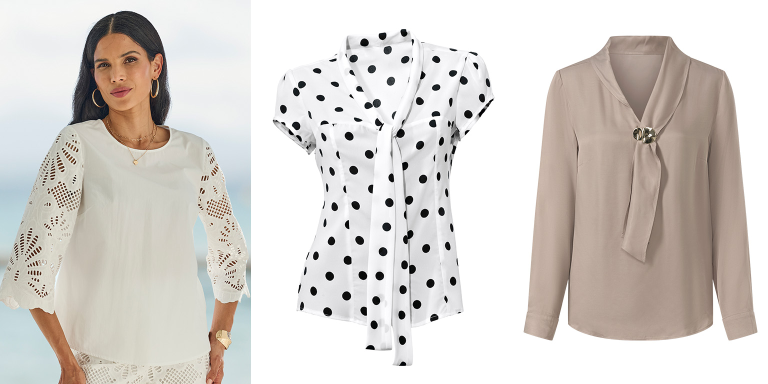  Links ein Model trägt eine weiße Bluse mit gehäkelten Ärmeln, daneben zwei Blusen, eine weiß mit schwarzen Punkten und Schleife, die andere beige mit Schleife und Schmuckdetail. 