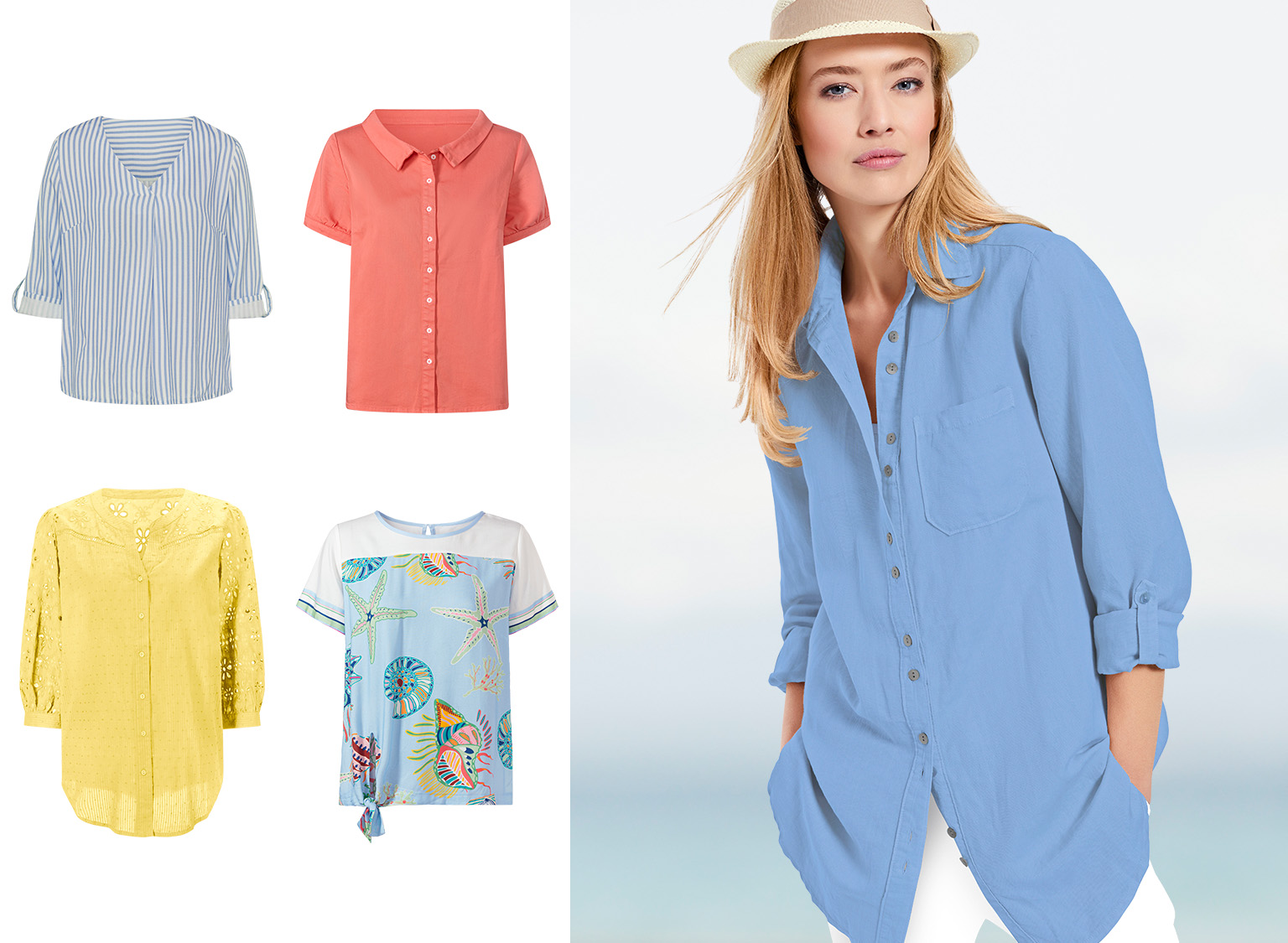  Rechts ein Model trägt ein hellblaues, langes Hemd, links sind vier weitere Blusen in Blau gestreift, Koralle, Gelb und mit buntem Muschelprint.