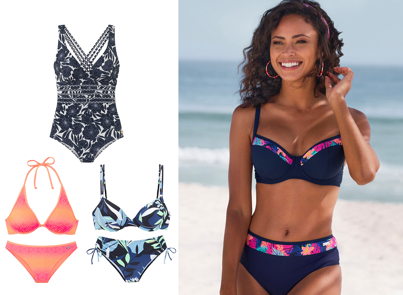 Ein Model trägt einen dunkelblauen Bikini mit buntem Blumenmuster am Strand, daneben sind drei weitere Badeanzüge und Bikinis in verschiedenen Farben und Mustern abgebildet.