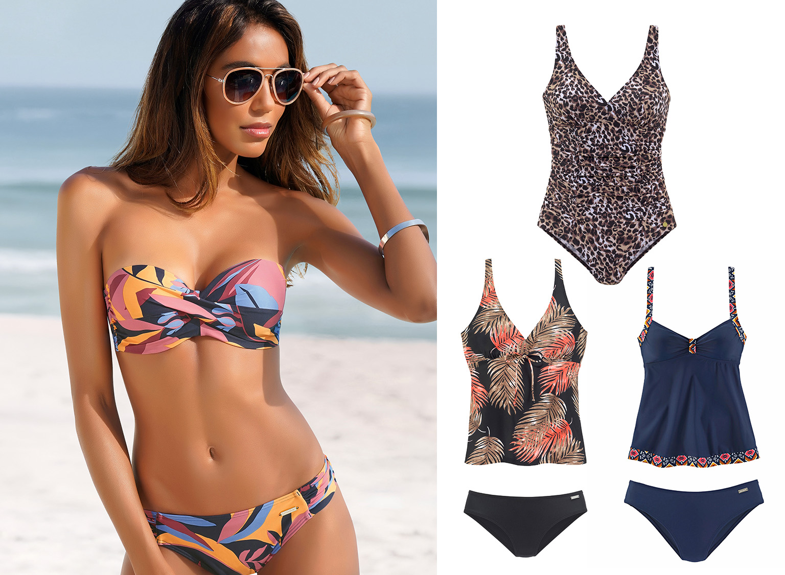 Ein Model trägt einen bunten Bandeau-Bikini am Strand, daneben sind vier weitere Badeanzüge und Tankinis in verschiedenen Mustern und Farben abgebildet.