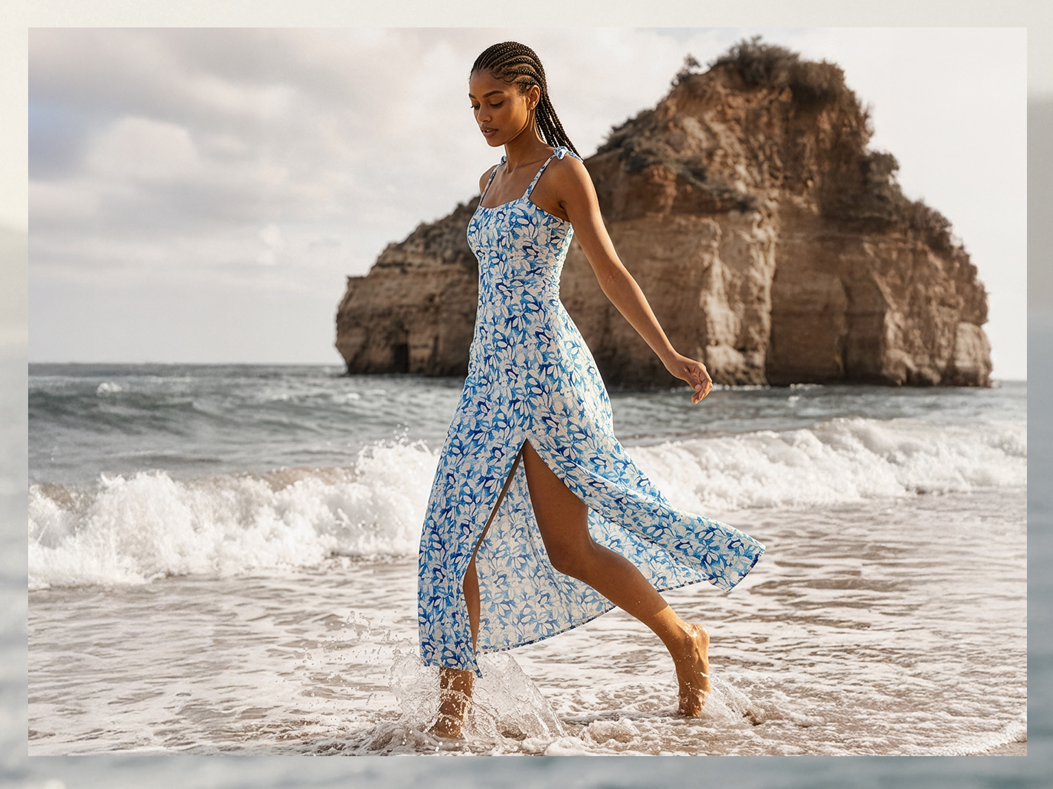 Ein Model läuft am Strand, trägt ein ärmelloses Maxikleid mit blau-weißem Blumenmuster und hohem Beinschlitz.