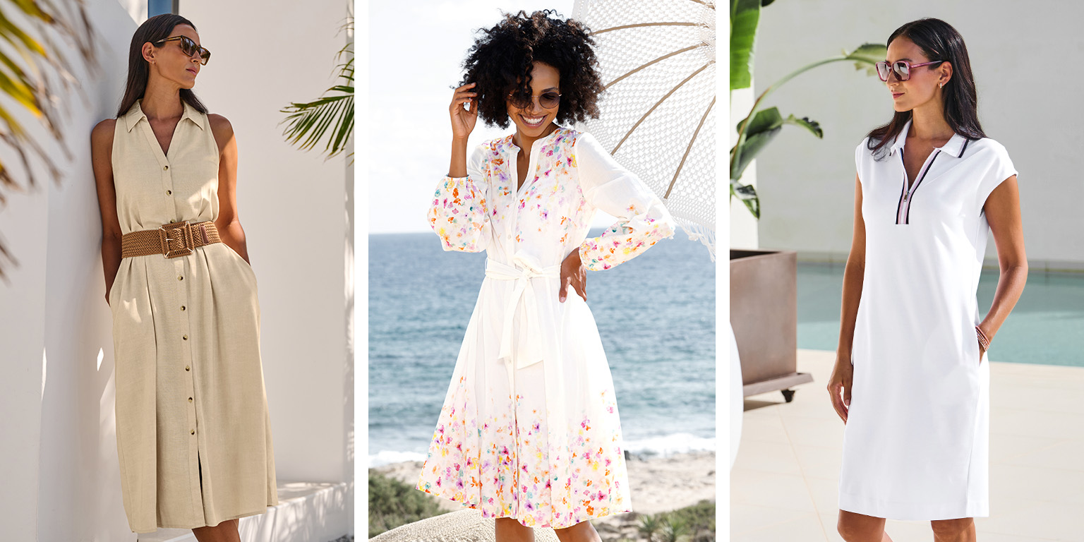 Drei Models präsentieren Sommerkleider: links ein ärmelloses beiges Kleid mit Gürtel, Mitte ein weißes Kleid mit buntem Blumenmuster und langen Ärmeln, rechts ein schlichtes weißes Kleid mit kurzem Kragen und Taschen.