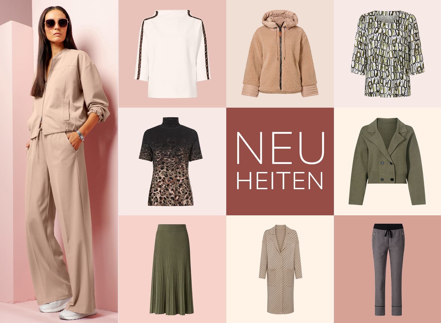 Eine Frau trägt einen beigen Jumpsuit, daneben sind verschiedene Kleidungsstücke wie Pullover, Jacken, Röcke und Hosen in neutralen und erdigen Tönen zu sehen, mit dem Schriftzug 'NEUHEITEN'.
