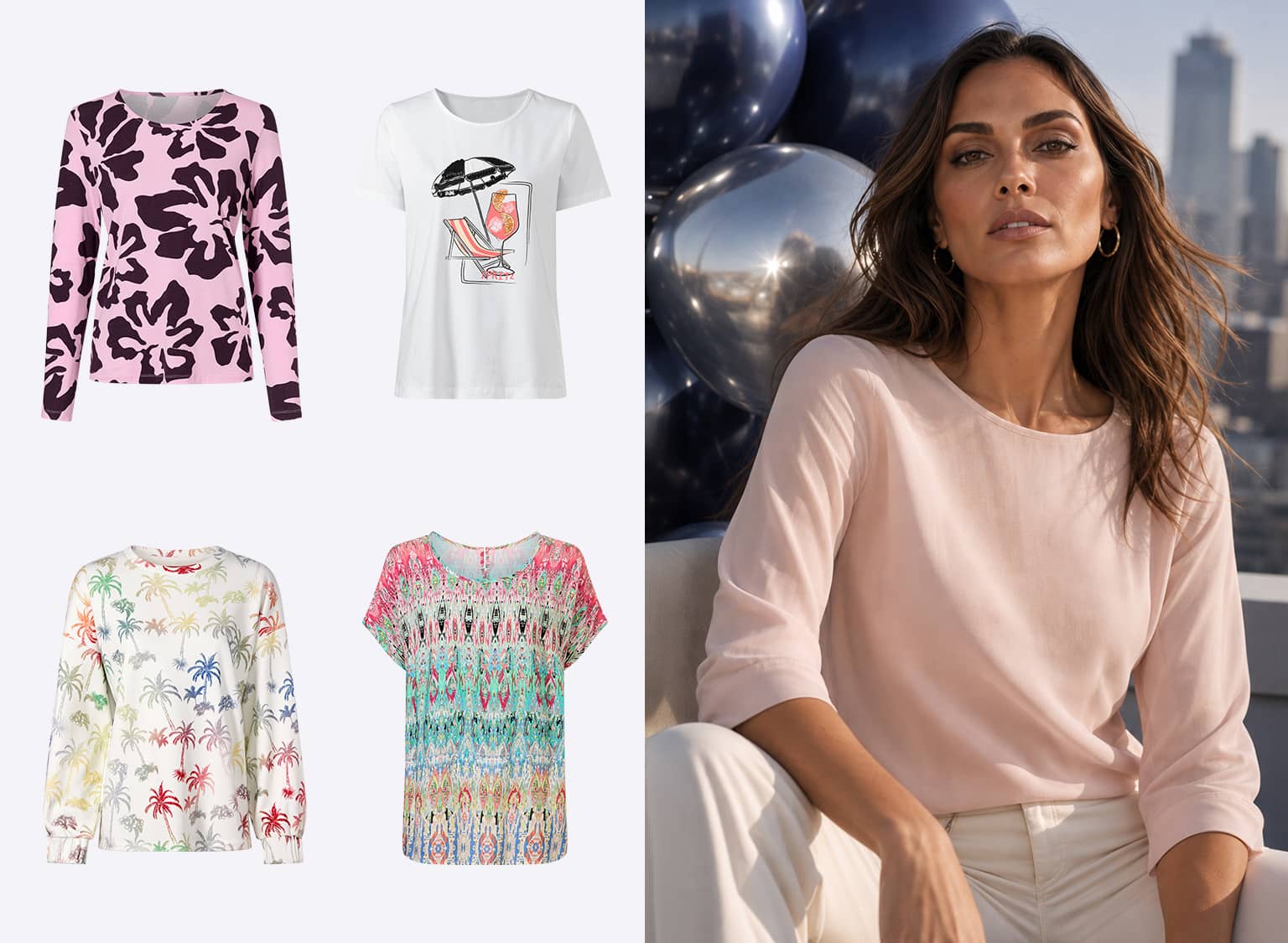 Vier bunte Oberteile mit verschiedenen Mustern links, rechts ein Model mit hellrosa Bluse vor Stadtkulisse und silbernen Luftballons.