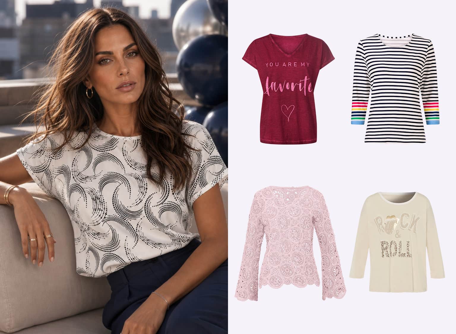 Ein Model trägt ein weißes Shirt mit schwarzem Muster, daneben sind vier weitere Oberteile in verschiedenen Farben und Designs zu sehen.
