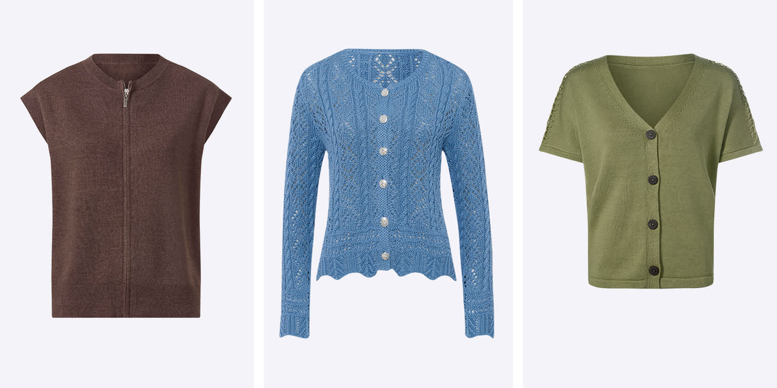Drei verschiedene Strickjacken: links braun mit kurzem Arm und Reißverschluss, Mitte blau mit Knöpfen und Muster, rechts grün mit kurzen Ärmeln und Knöpfen