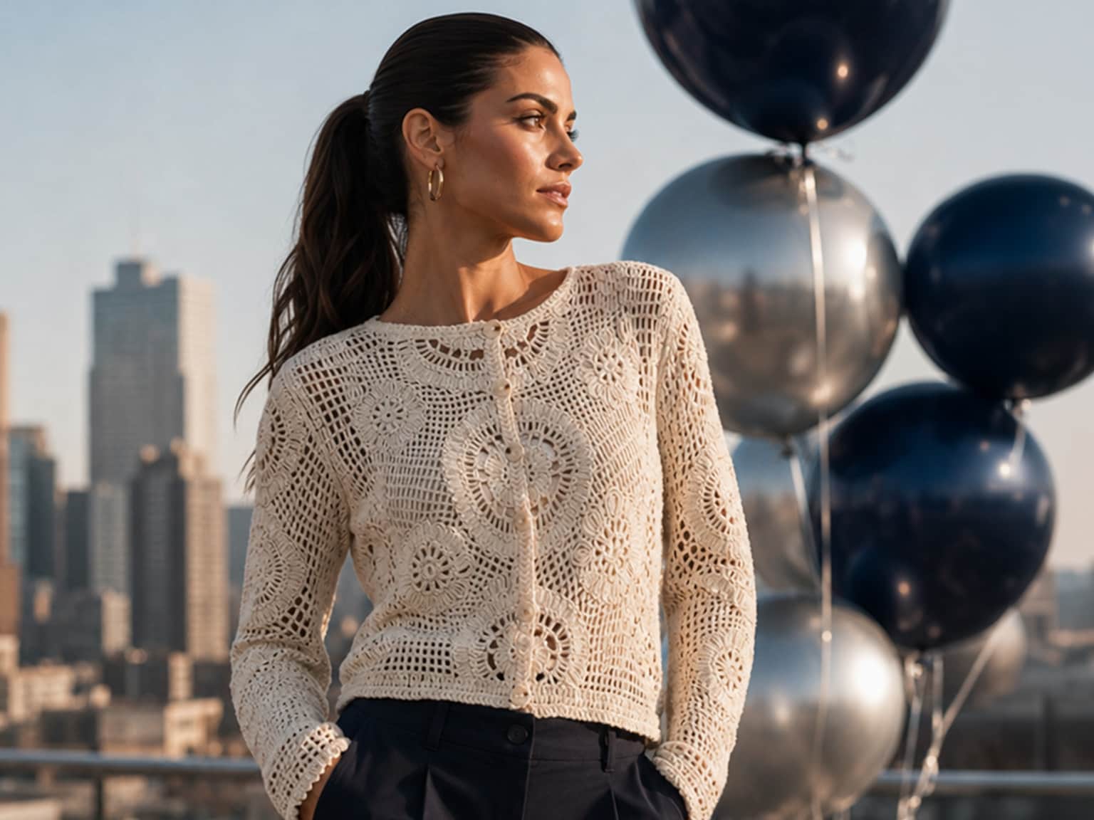 Ein Model trägt bequeme beige Kleidung mit Leopardenmuster-Details, steht draußen und sitzt entspannt in einem weißen Korbsessel.