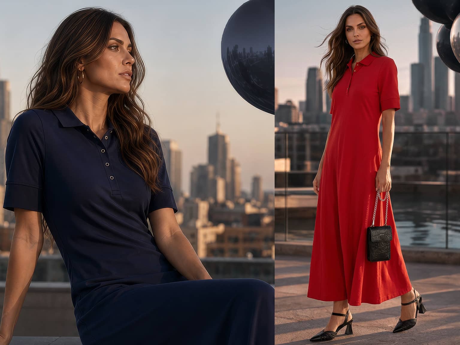  Ein Model in dunkelblauem und rotem Polokleid auf einer Dachterrasse mit Ballons und Stadtblick.