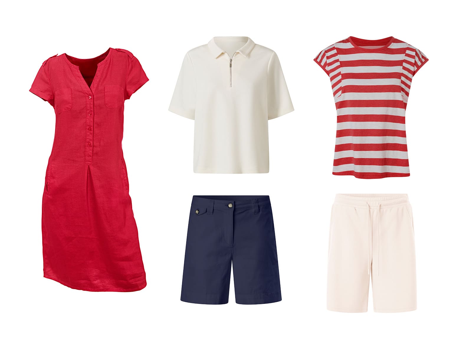 Rotes Kleid, cremefarbenes Poloshirt, gestreiftes Shirt sowie blaue und helle Shorts auf weißem Grund.