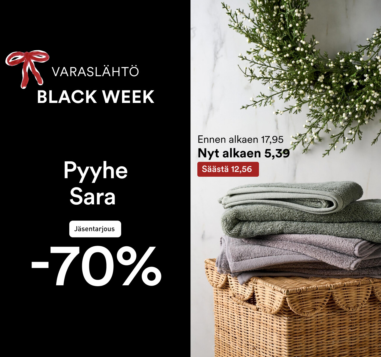 Sara-pyyhe j&auml;senille -70% - vain myym&auml;l&ouml;iss&auml;