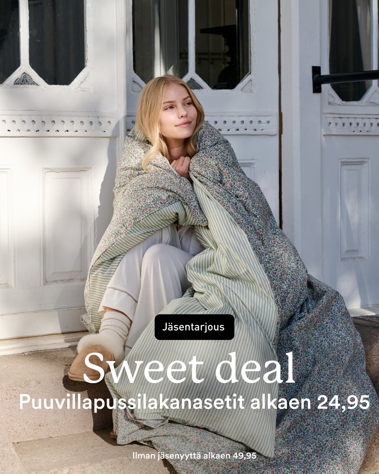 Puuvillapussilakanasetit j&auml;senille alk. 24,95
