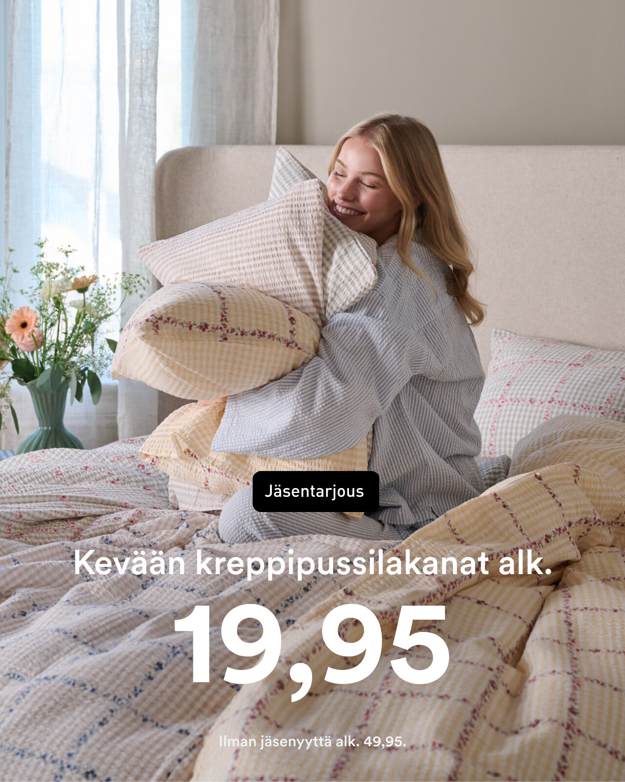 Puuvillapussilakanasetit kreppipuuvillasta alk. 19,95 j&auml;senille