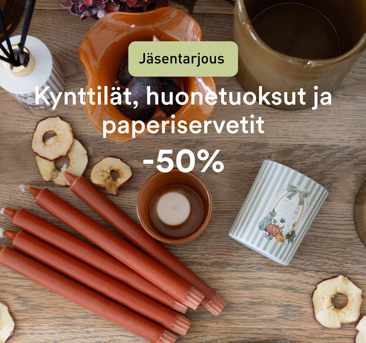 Kynttil&auml;t, huonetuoksut & servetit