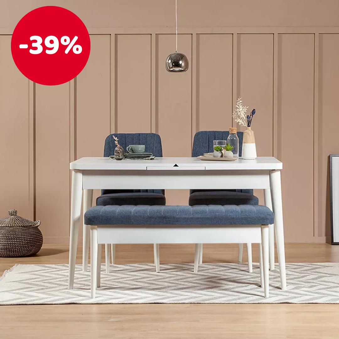 Rozkládací jídelní stůl se 2 židlemi a lavicí Vlasta (bílá + tmavě modrá)