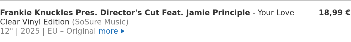 Frankie Knuckles Pres. Director's Cut Feat. Jamie Principle - Your Love Clear Vinyl Edition