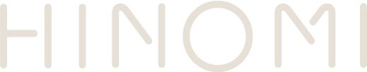 Hinomi brand name displayed in bold, large font on a dark footer background.