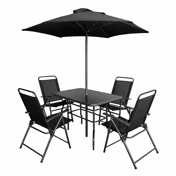 Puutarhakalusteryhmä 6-osainen Settiin kuuluu pöytä, neljä tuolia sekä aurinkovarjo