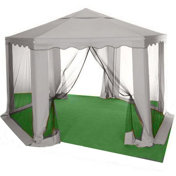 Paviljonki 6-kulmainen harmaa 2x2x2m hyönteisverhoilla Tyyliä pihoihin