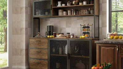 Buffet pantry cabinet in black and natural wood