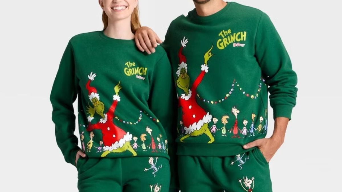 people wearing matching Grinch Pajamas